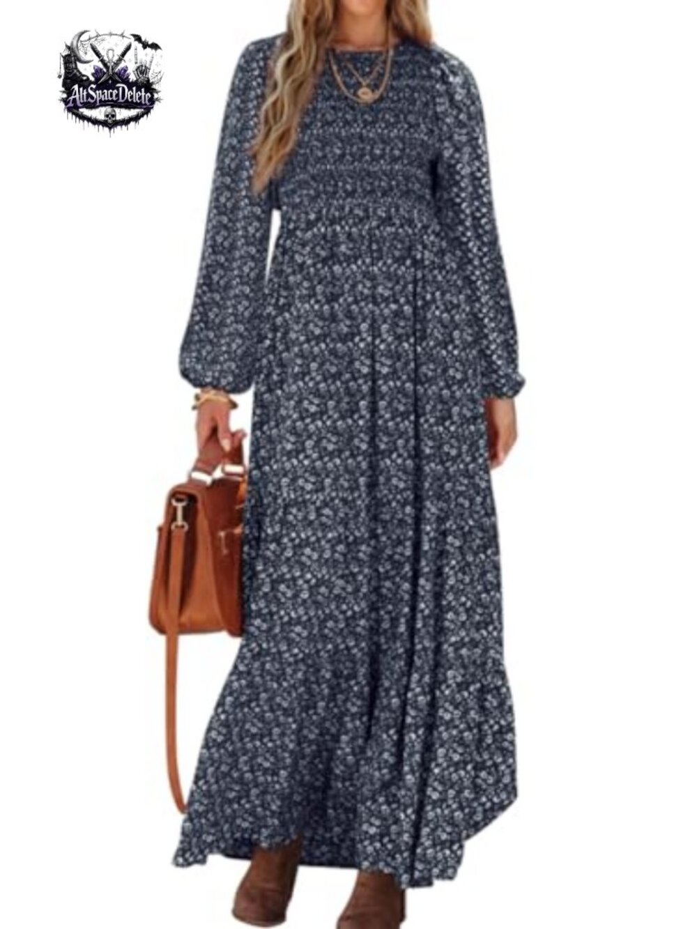 Floral Maxi Dress Smocked Tiered Long Sleeve A-Line Casual